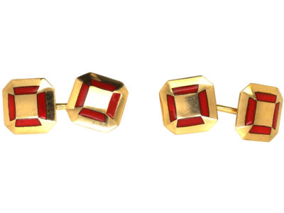 French Art Deco 18ct Gold & Red Enamel Octagonal Cufflinks