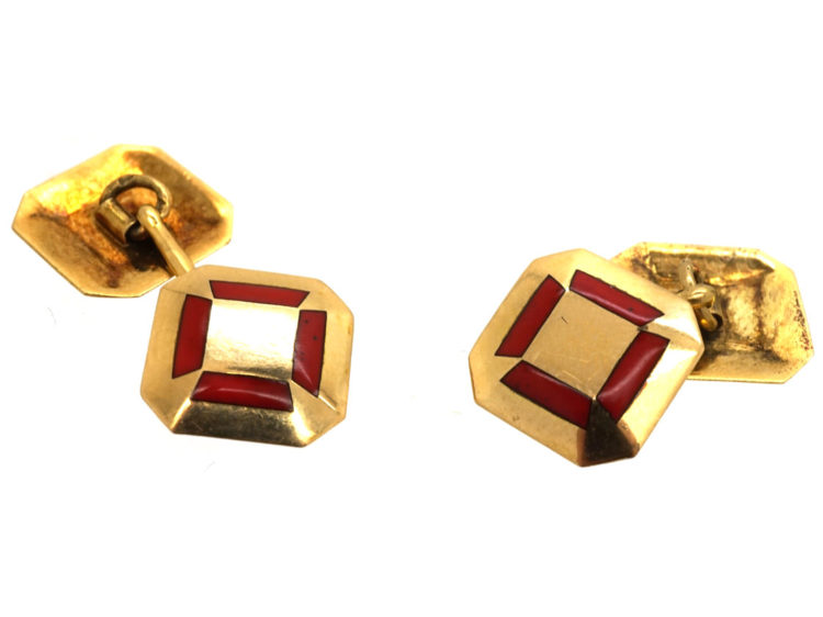 French Art Deco 18ct Gold & Red Enamel Octagonal Cufflinks