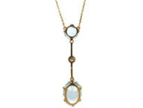 Art Deco 15ct Gold & Platinum, Two Stone Aquamarine & Diamond Drop Pendant on 15ct Gold Chain