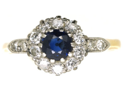 Edwardian 18ct Gold & Platinum, Sapphire & Diamond Cluster Ring with Diamond Set Shoulders