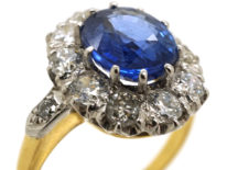 18ct Gold Large Sapphire & Diamond Cluster Ring with Diamond Set Shoulders