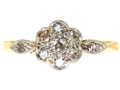 Edwardian 18ct Gold & Platinum, Diamond Cluster Ring with Diamond Set Shoulders