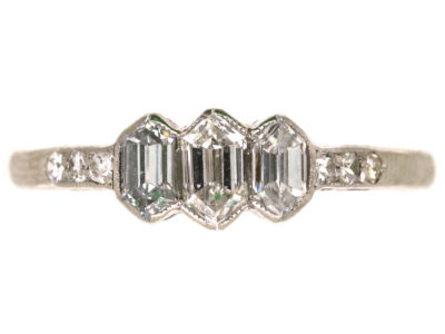Art Deco 18ct White Gold & Platinum Three Stone Diamond Ring with Diamond Set Shoulders