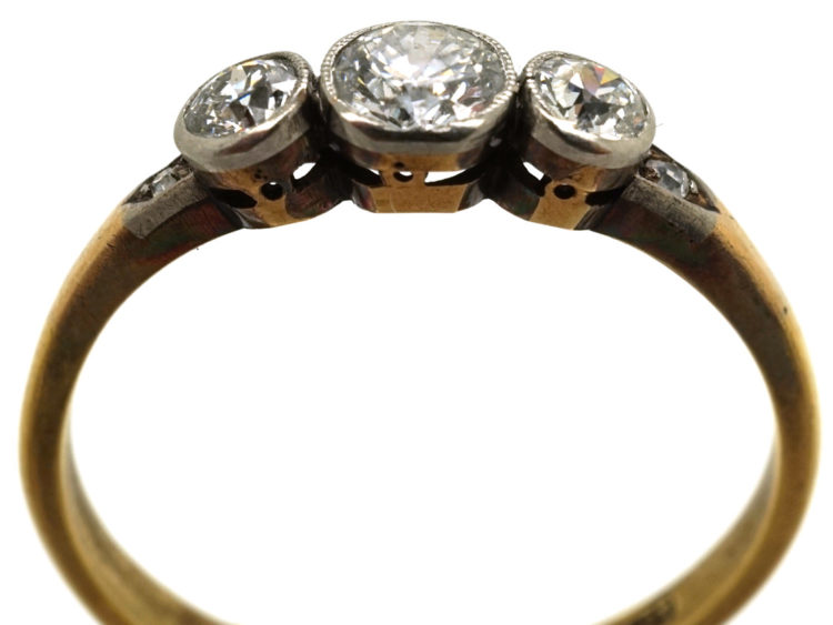Edwardian 18ct Gold & Platinum, Three Stone Diamond Ring with Diamond Set Shoulders