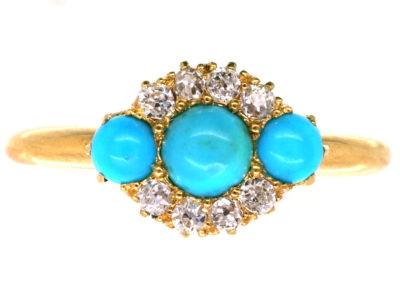 Edwardian 18ct Gold, Three Stone Turquoise & Diamond Ring