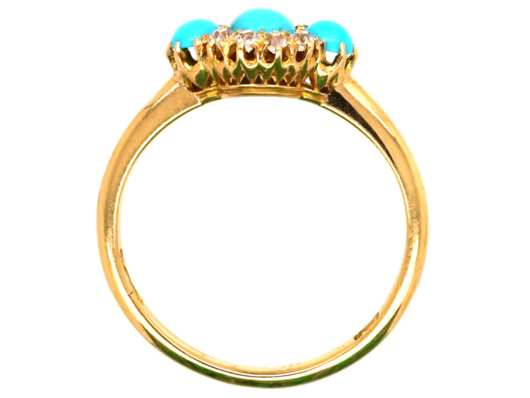 Edwardian 18ct Gold, Three Stone Turquoise & Diamond Ring