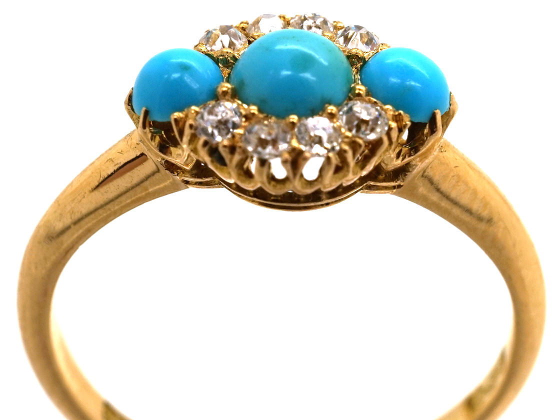 Edwardian 18ct Gold Three Stone Turquoise Diamond Ring 746l The