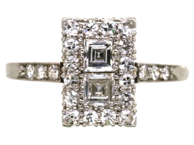 Art Deco Platinum & Diamond Rectangular Ring with Diamond Set Shoulders