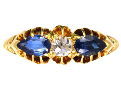 Edwardian 18ct Gold, Pear Shaped Sapphires & Diamond Ring