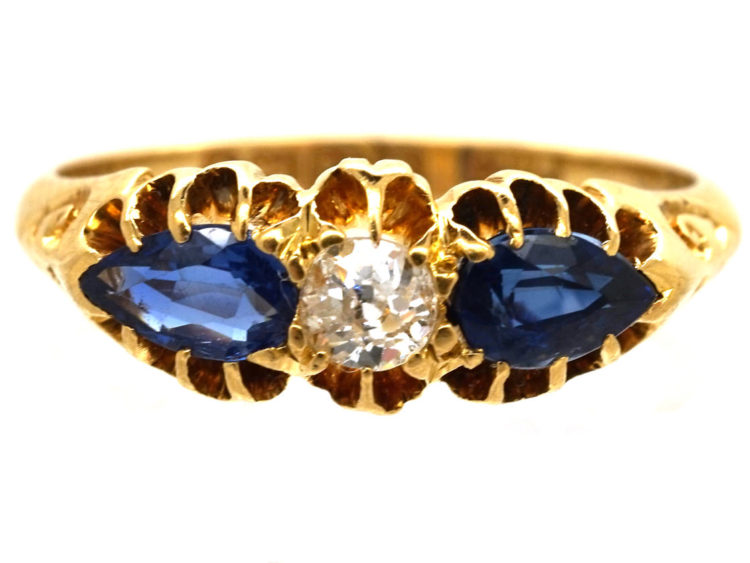 Edwardian 18ct Gold, Pear Shaped Sapphires & Diamond Ring