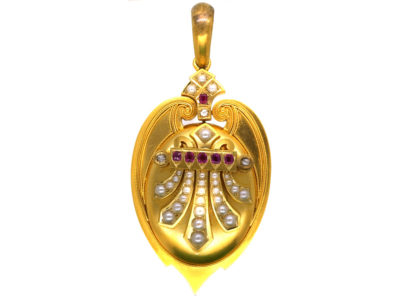 Victorian 18ct Gold, Ruby, Rose Diamond & Natural Split Pearl Large Pendant with Locket Back