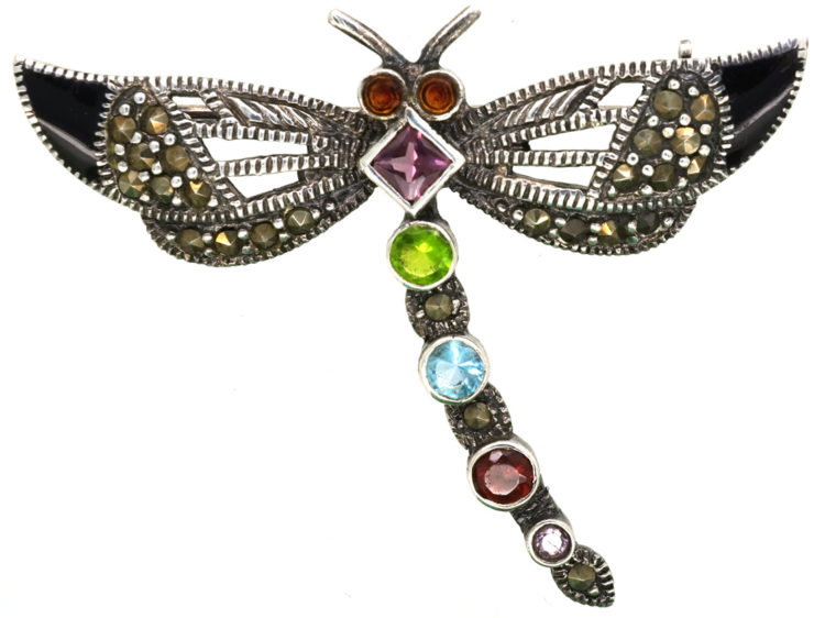 Silver, Marcasite & Gemstone Dragonfly Brooch