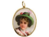 Victorian 9ct Gold & Porcelain Miniature Pendant of Boy with Hat