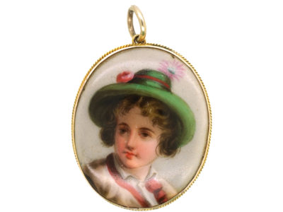 Victorian 9ct Gold & Porcelain Miniature Pendant of Boy with Hat