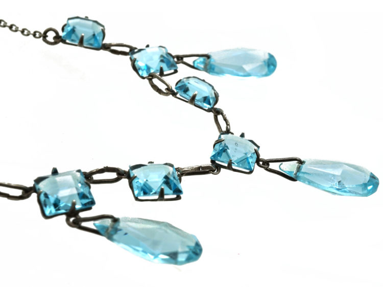 Art Deco Silver & Blue Paste Three Drops Necklace
