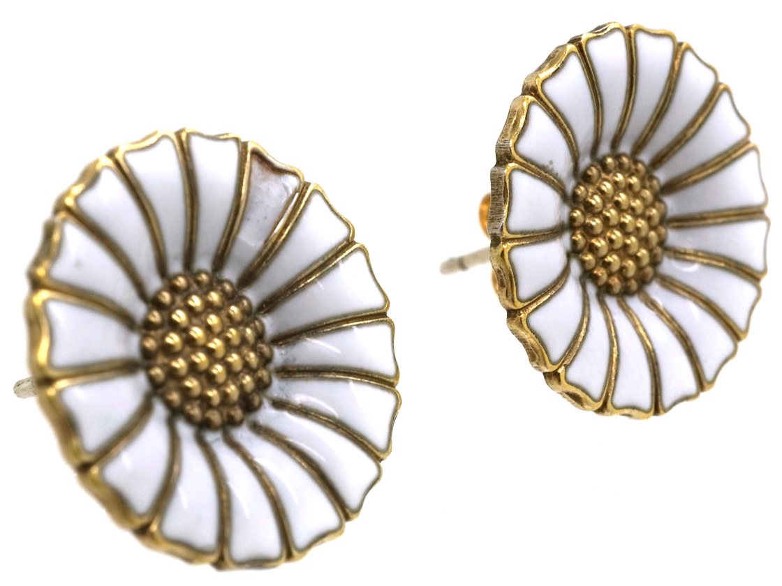 Silver Gilt & White Enamel Daisy Earrings (736L) The Antique