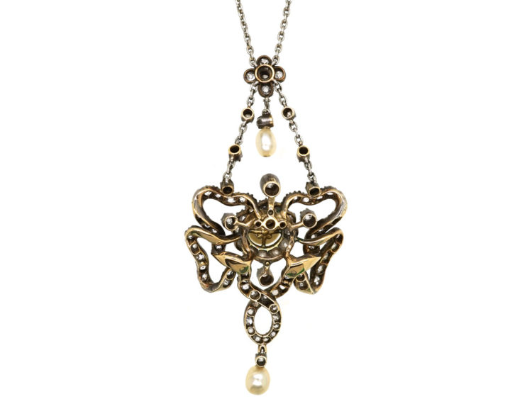 Edwardian Diamond & Natural Pearl Pendant on Chain in Original Case