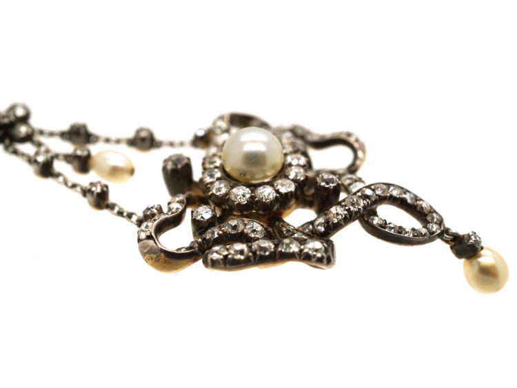 Edwardian Diamond & Natural Pearl Pendant on Chain in Original Case