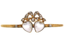Edwardian 15ct Gold, Moonstone & Diamond Double Heart Bangle