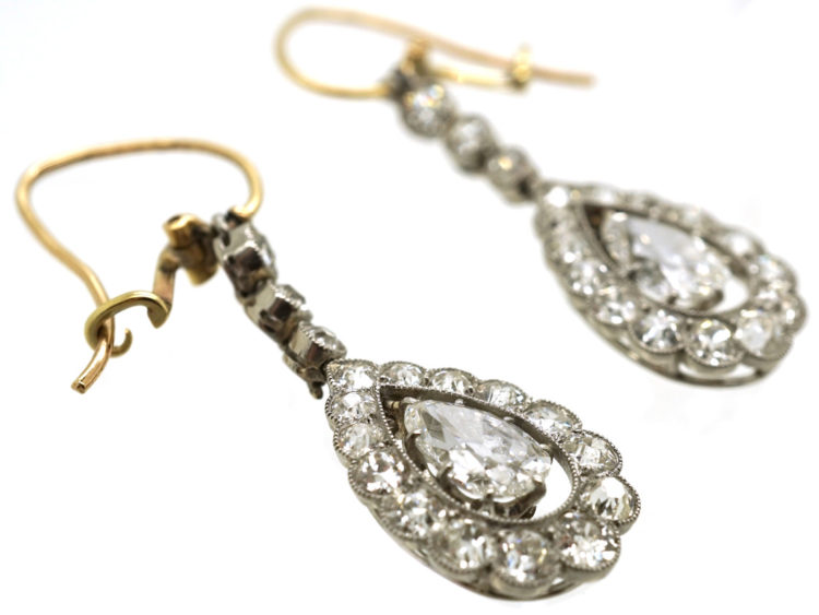 Edwardian Platinum, Pear Shaped Diamond Drop Earrings