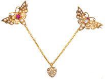 Pair of Edwardian 15ct Gold Butterfly Brooches set with Natural Split Pearls, Ruby & Diamond