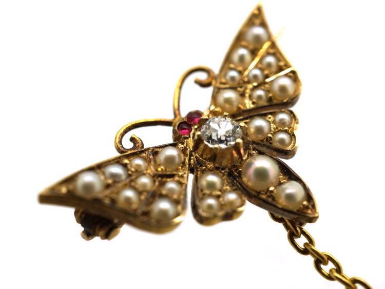 Pair of Edwardian 15ct Gold Butterfly Brooches set with Natural Split Pearls, Ruby & Diamond