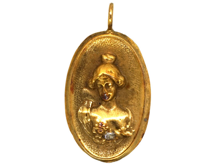 Art Nouveau 14ct Gold Pendant of Lady with Diamond