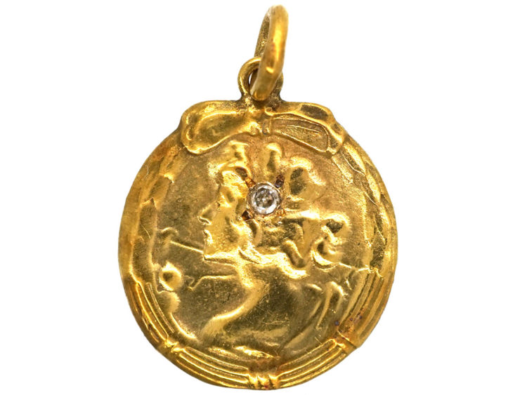 Art Nouveau 14ct Gold Pendant of a Lady with a Diamond in her Hair