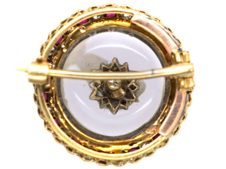 Edwardian 15ct Gold & Rock Crystal, Ruby & Diamond Circular Brooch