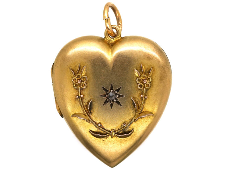 Edwardian Large 15ct Gold Heart Shaped Locket set with a Diamond