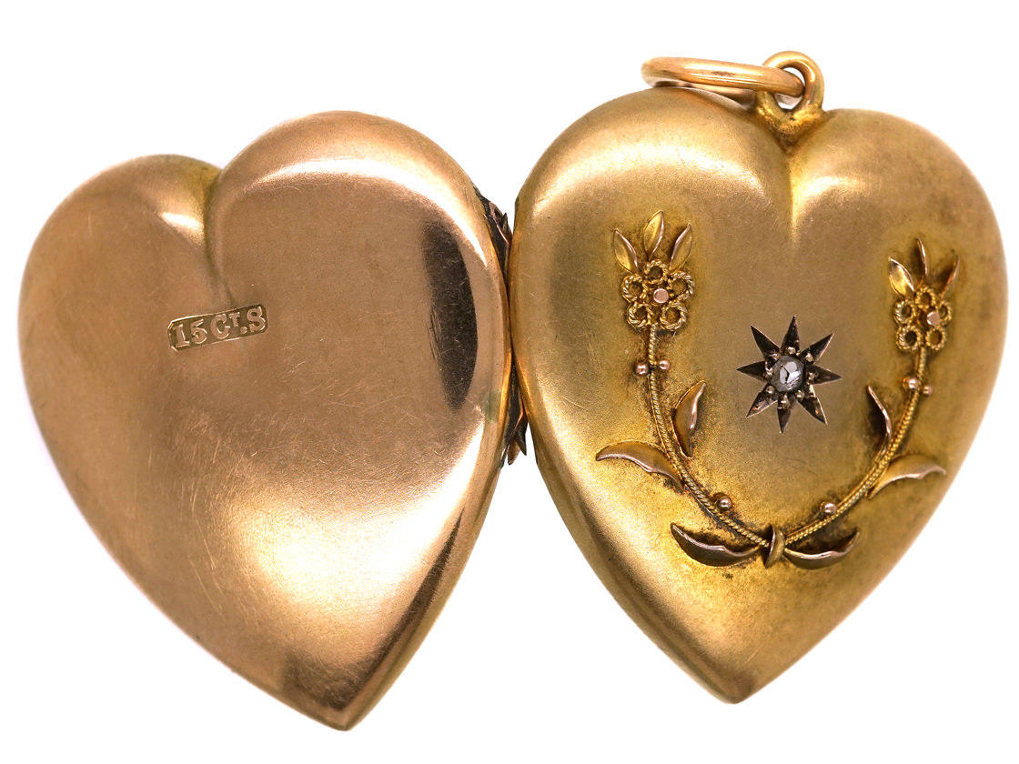 Edwardian Large 15ct Gold Heart Shaped Locket set with a Diamond (888L ...