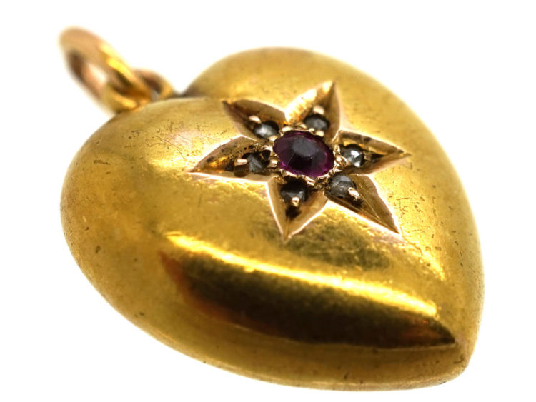 Edwardian Heart Shaped Pendant set with Ruby & Rose Diamonds in a Star Shape