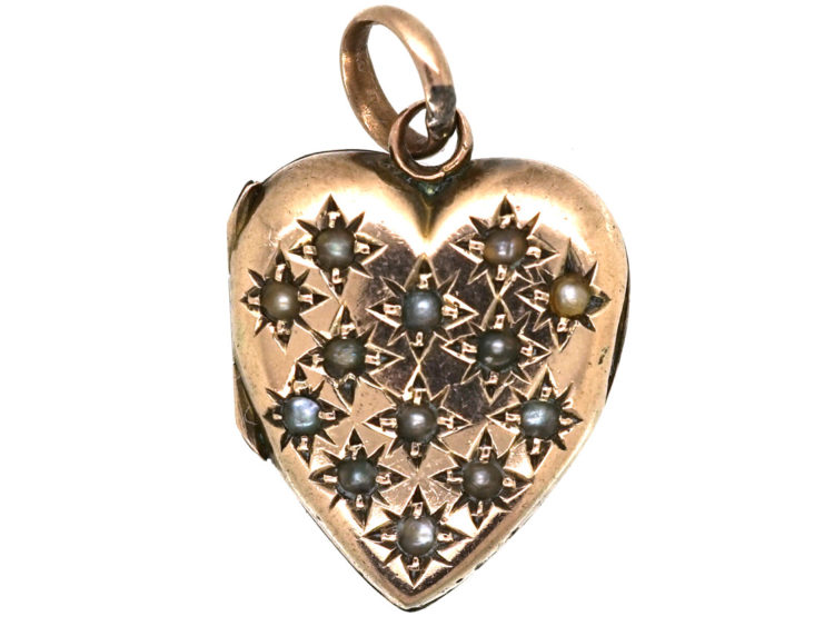 Edwardian 9ct Gold Heart Shaped Locket Studded With Natural Split Pearls