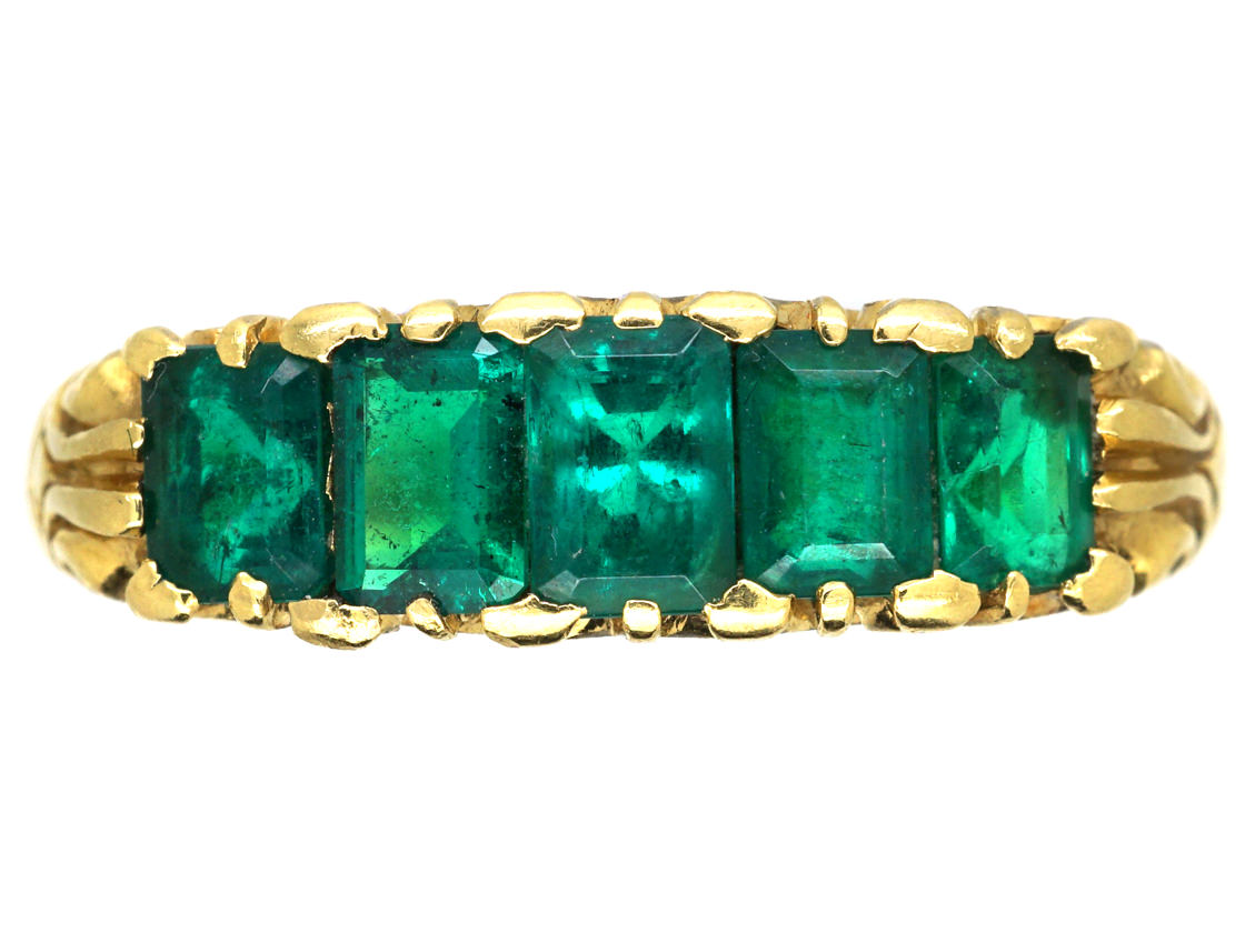 18ct Gold Five Stone Emerald Ring (850L) | The Antique Jewellery Company