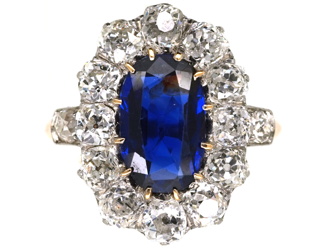 French 18ct Gold Large Sapphire & Diamond Oval Cluster Ring (827L ...