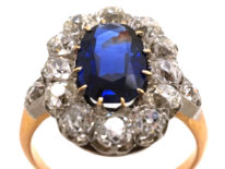 French 18ct Gold Large Sapphire & Diamond Oval Cluster Ring