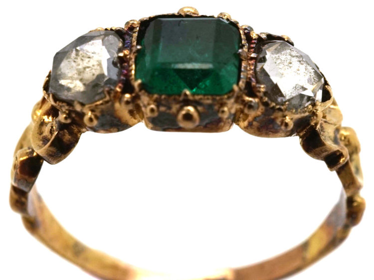 Georgian 18ct Gold, Emerald & Rose Diamond Hearts Ring