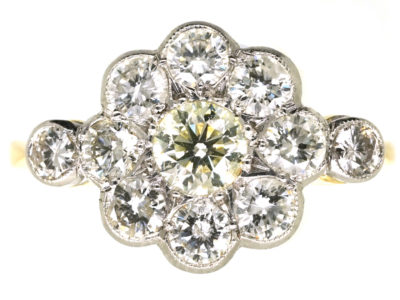 Edwardian 18ct Gold & Platinum, Diamond Cluster Ring with Diamond Set Shoulders