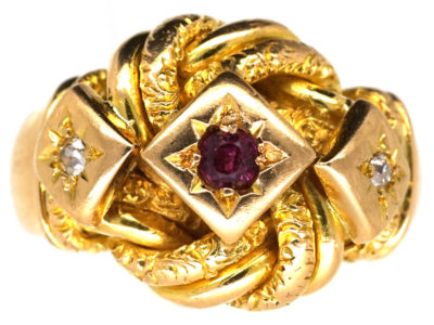 18ct Lover’s Knot Ring set with a Ruby & Two Diamonds