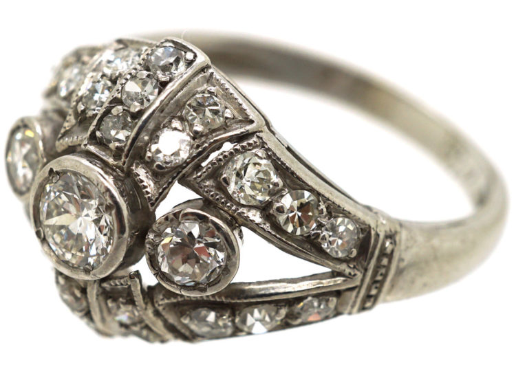 Art Deco 18ct White Gold & Diamond Bombe Style Ring