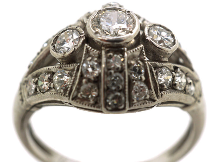 Art Deco 18ct White Gold & Diamond Bombe Style Ring