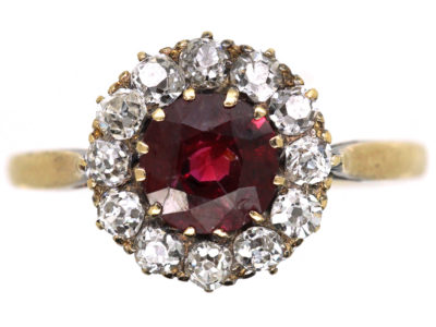 Edwardian 18ct Gold, Ruby & Diamond Cluster Ring