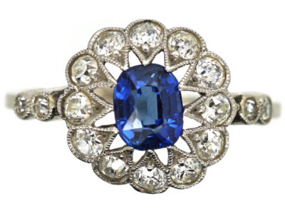 Edwardian Platinum, Sapphire & Diamond Cluster Ring