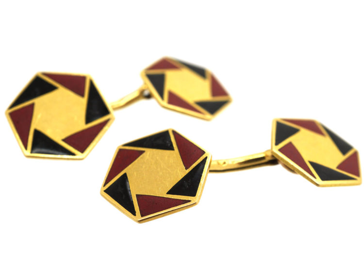 French Art Deco 18ct Gold, Red & Black Enamel Octagonal Cufflinks