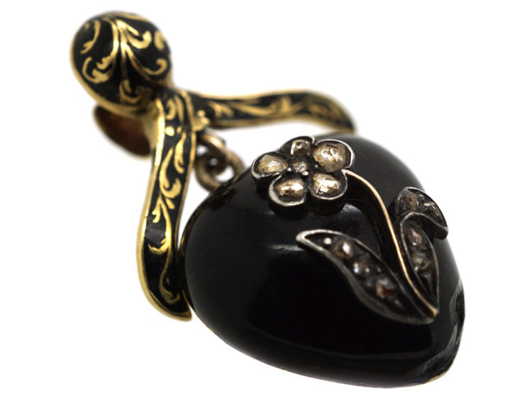 Victorian 15ct Gold, Black Enamel & Rose Diamond Heart Pendant