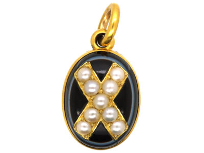 Victorian 18ct Gold Onyx & Natural Split Pearl Pendant with Locket Back