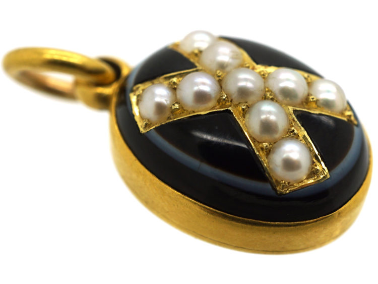 Victorian 18ct Gold Onyx & Natural Split Pearl Pendant with Locket Back