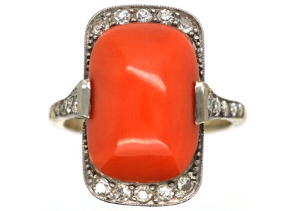 Art Deco Platinum & Coral & Diamond Ring