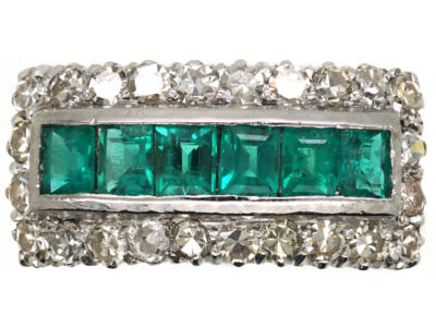 Art Deco 18ct White Gold, Emerald & Diamond Rectangular Ring