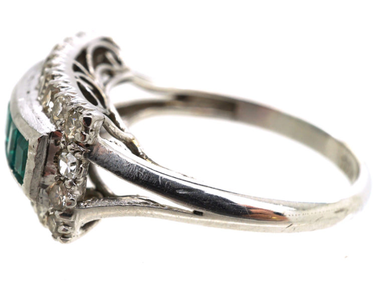 Art Deco 18ct White Gold, Emerald & Diamond Rectangular Ring